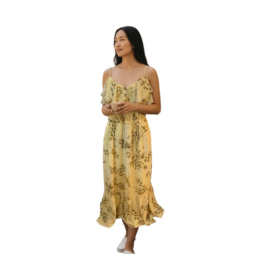 Joie Yellow Floral Chiffon Ruffle Midi Dress Womens Large Sleeveless Botanical